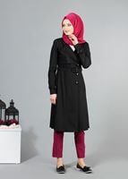 Vêtements hijab NOIR T 4519 Mataş Kruvaze Yaka Kemerli Trench