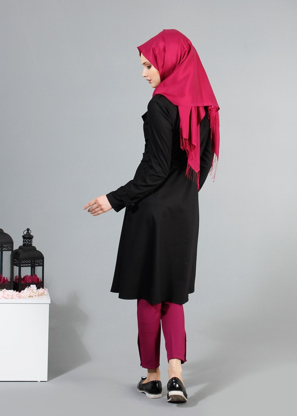 Vêtements hijab NOIR T 4519 Mataş Kruvaze Yaka Kemerli Trench