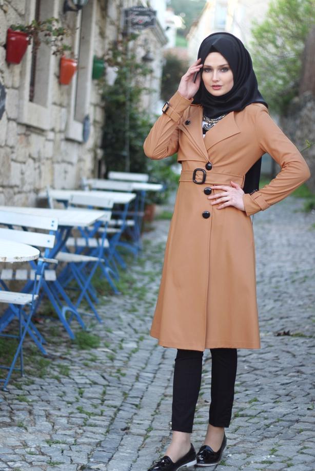 Vêtements hijab  T 4519 Mataş Kruvaze Yaka Kemerli Trench - TRENDTESETTÜR