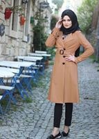 Vêtements hijab BEIGE T 4519 Mataş Kruvaze Yaka Kemerli Trench