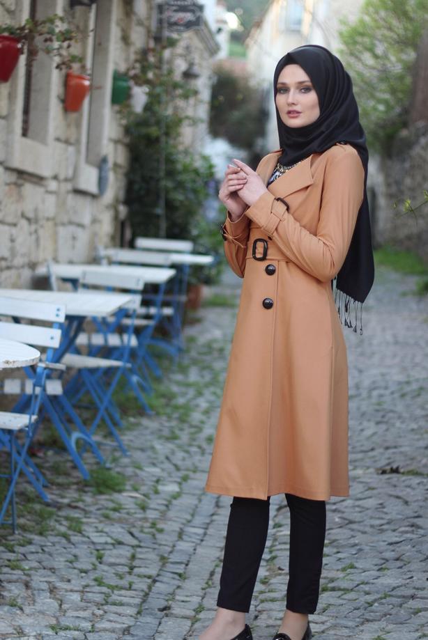 Vêtements hijab  T 4519 Mataş Kruvaze Yaka Kemerli Trench - TRENDTESETTÜR