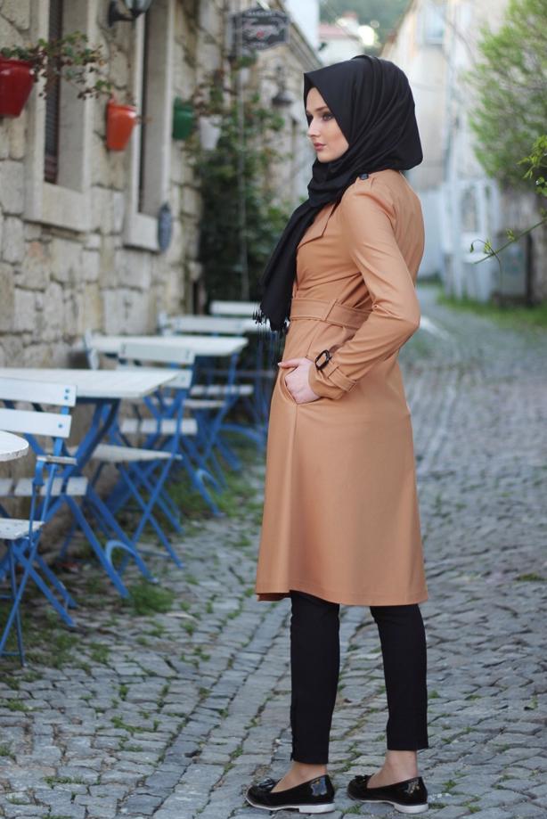 Vêtements hijab  T 4519 Mataş Kruvaze Yaka Kemerli Trench - TRENDTESETTÜR