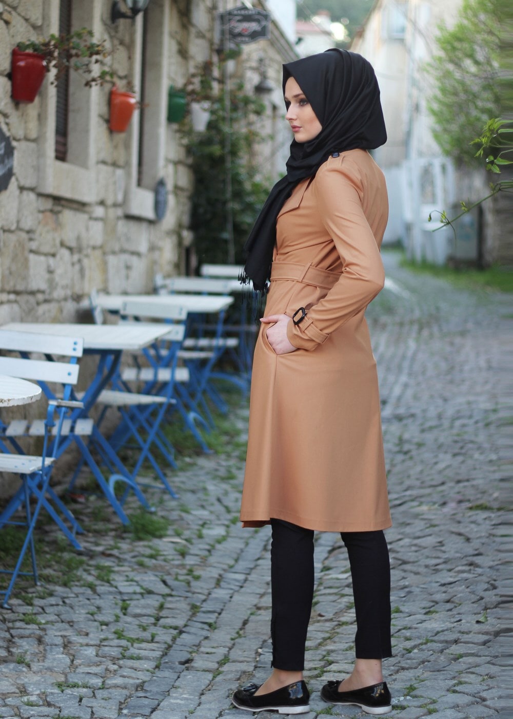 Vêtements hijab BEIGE T 4519 Mataş Kruvaze Yaka Kemerli Trench