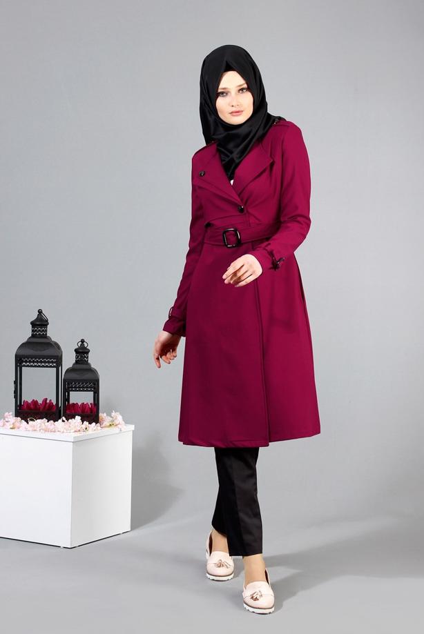 Vêtements hijab  T 4519 Mataş Kruvaze Yaka Kemerli Trench - TRENDTESETTÜR