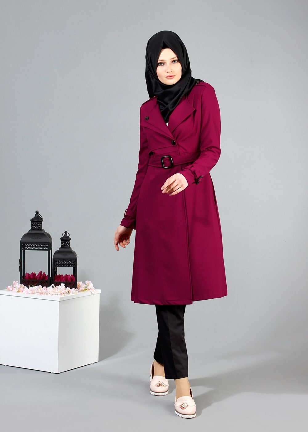 Vêtements hijab FUCHSIA T 4519 Mataş Kruvaze Yaka Kemerli Trench