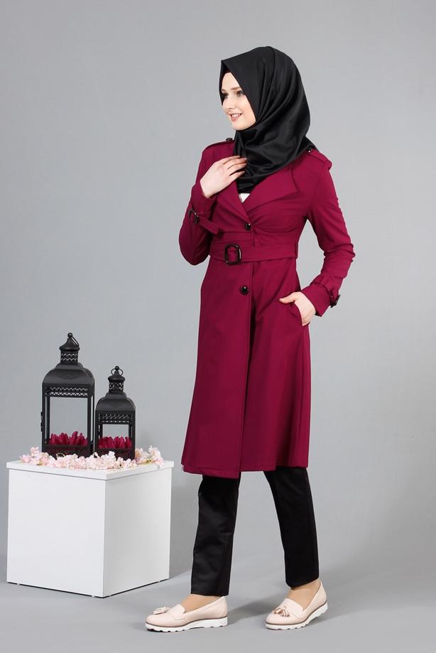 Vêtements hijab  T 4519 Mataş Kruvaze Yaka Kemerli Trench - TRENDTESETTÜR