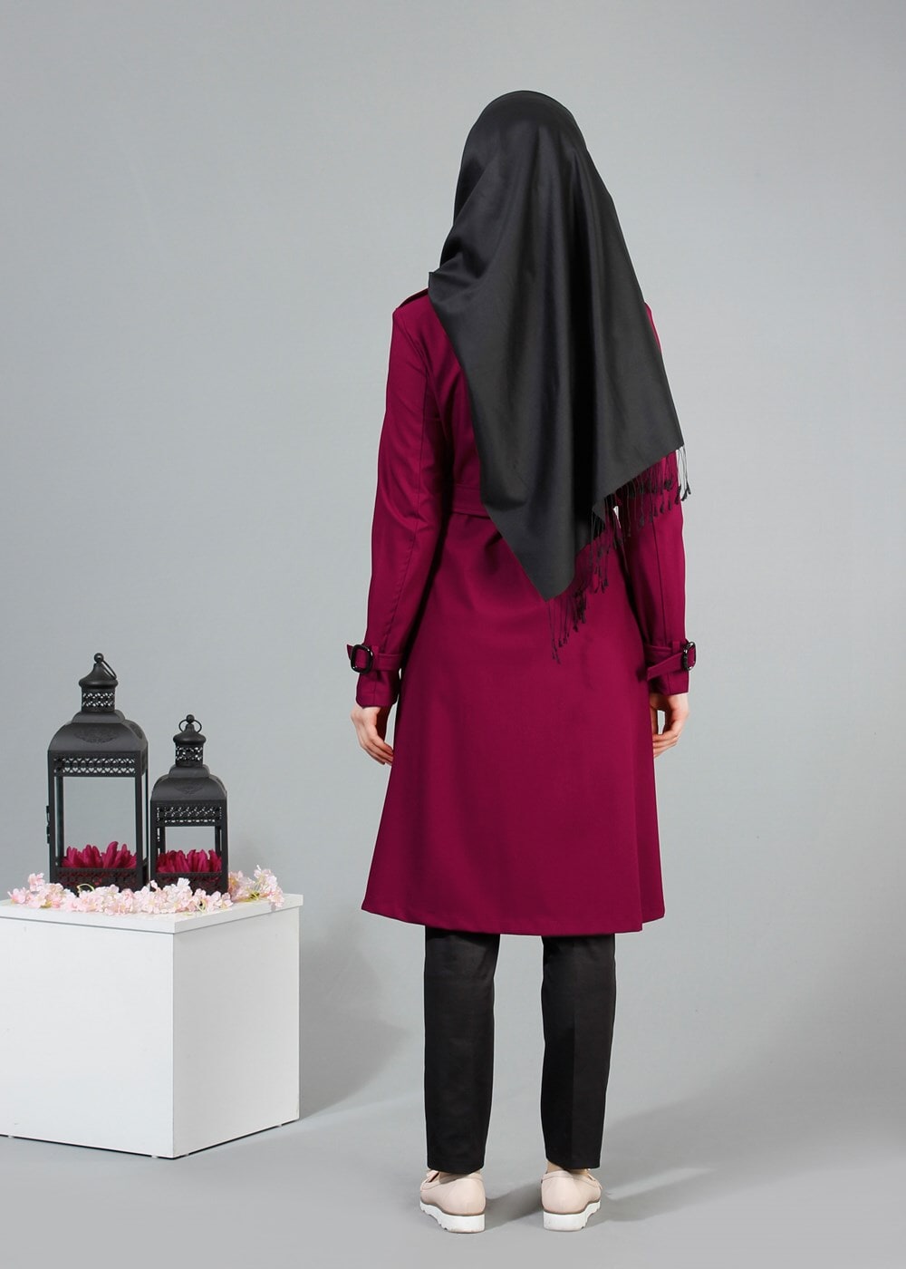 Vêtements hijab FUCHSIA T 4519 Mataş Kruvaze Yaka Kemerli Trench