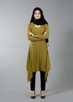 Vêtements hijab VERT T 4530 Mataş Asimetrik Kesim Kolyeli Tunik