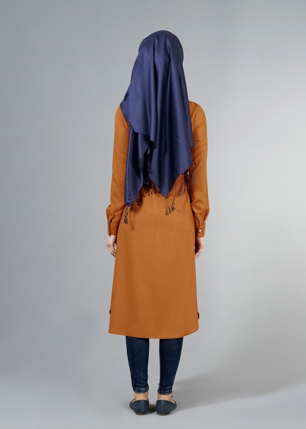 Vêtements hijab ORANGE T 4532 Mataş  Erkek Yaka Bağcıklı Tunik