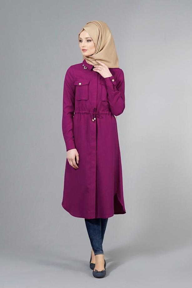 Vêtements hijab  T 4532 Mataş  Erkek Yaka Bağcıklı Tunik - TRENDTESETTÜR
