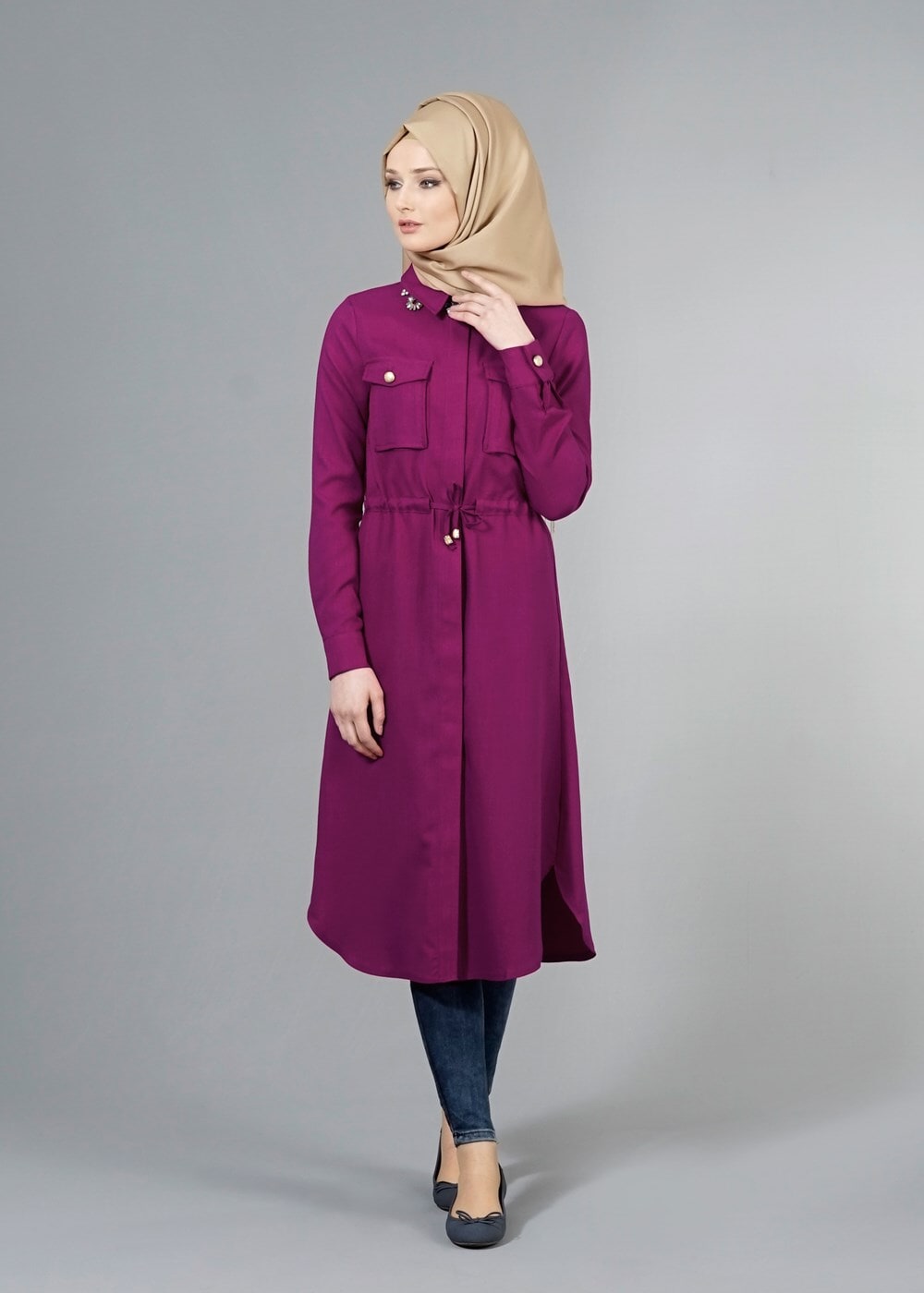 Vêtements hijab FUCHSIA T 4532 Mataş  Erkek Yaka Bağcıklı Tunik