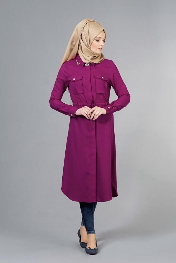 Vêtements hijab  T 4532 Mataş  Erkek Yaka Bağcıklı Tunik - TRENDTESETTÜR