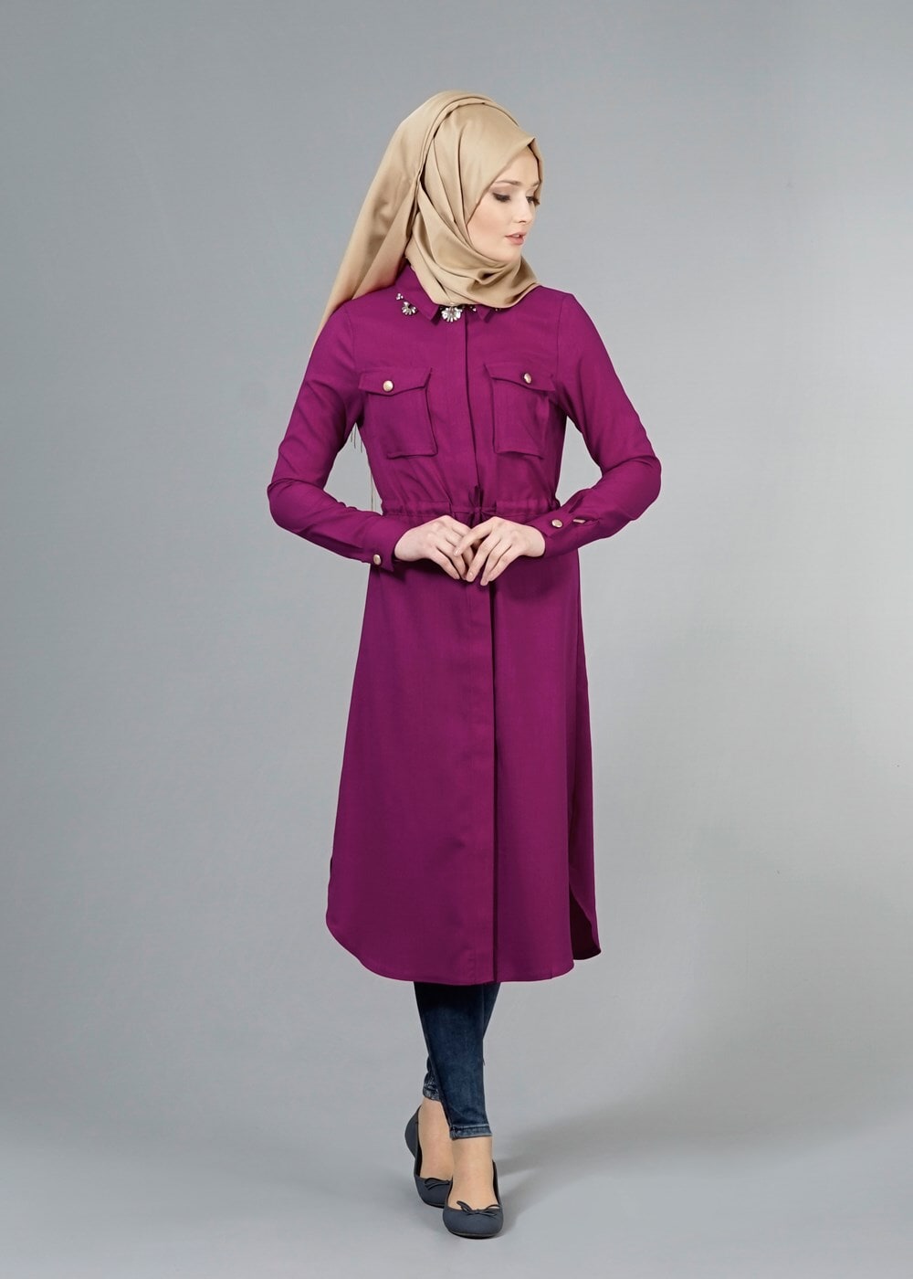 Vêtements hijab FUCHSIA T 4532 Mataş  Erkek Yaka Bağcıklı Tunik