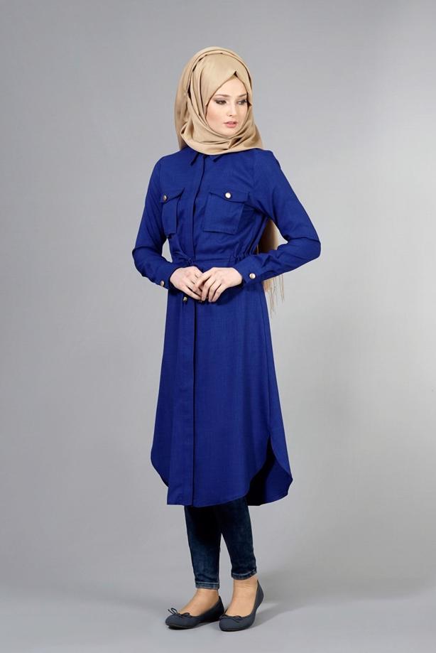 Vêtements hijab  T 4532 Mataş  Erkek Yaka Bağcıklı Tunik - TRENDTESETTÜR