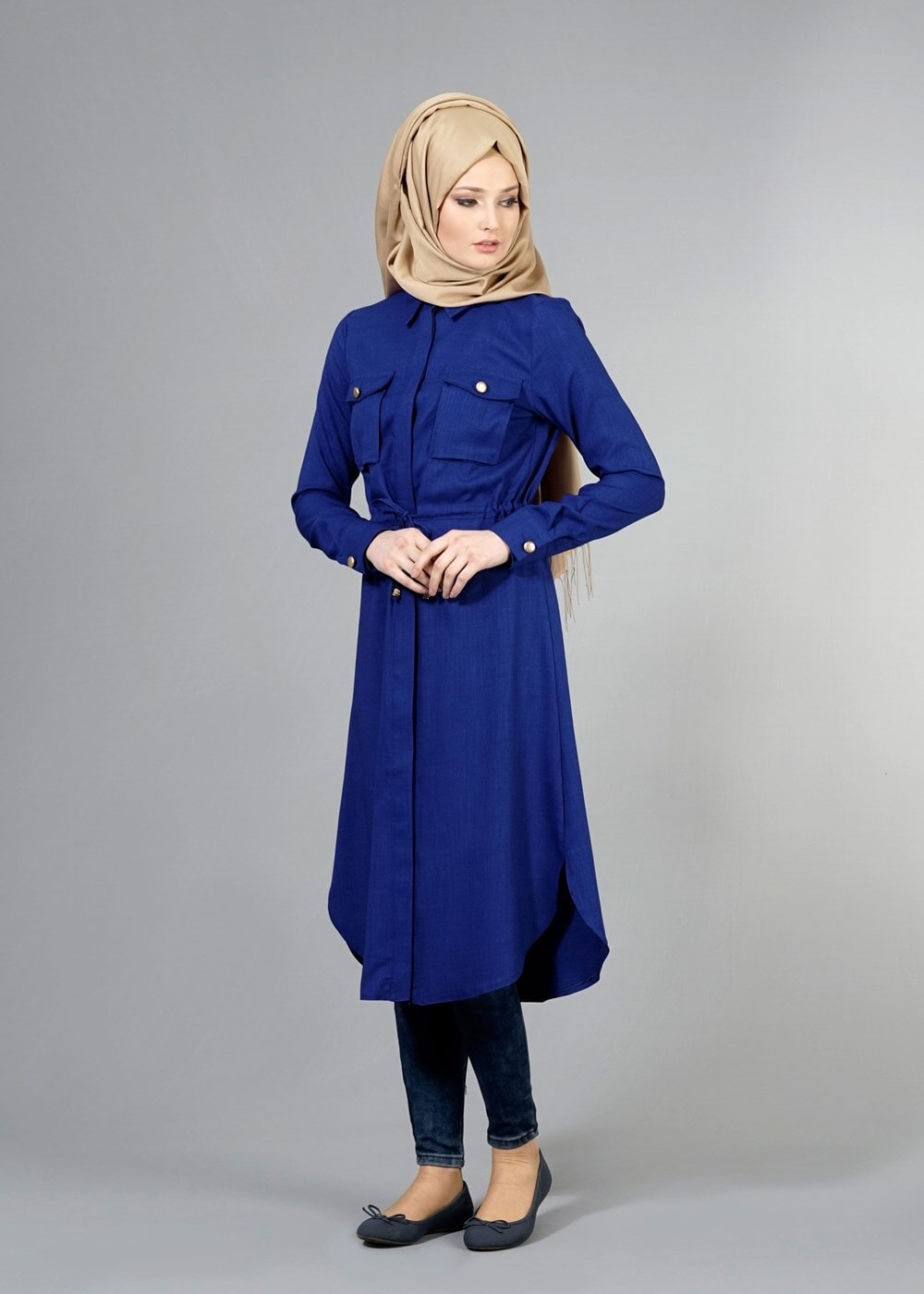 Vêtements hijab BLEU MARINE T 4532 Mataş  Erkek Yaka Bağcıklı Tunik