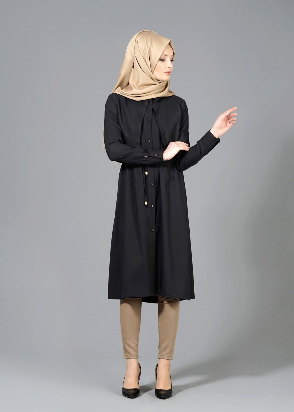 Vêtements hijab NOIR T 4543 Mataş Pelerinli Bağcıklı Tunik