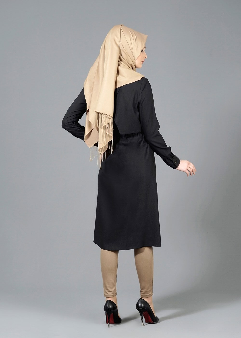 Vêtements hijab NOIR T 4543 Mataş Pelerinli Bağcıklı Tunik