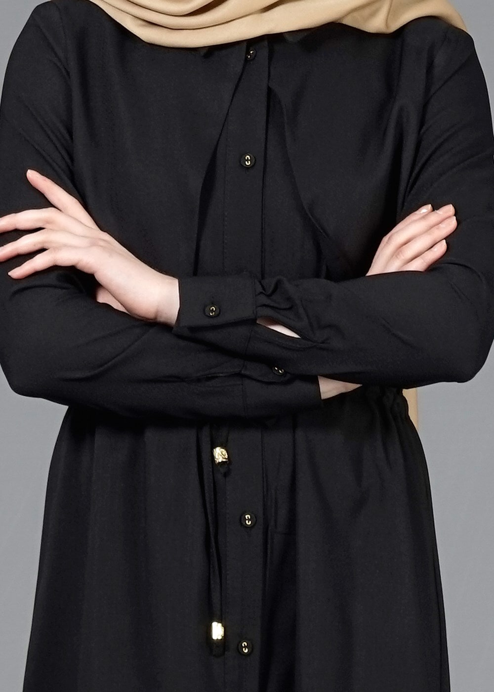 Vêtements hijab NOIR T 4543 Mataş Pelerinli Bağcıklı Tunik