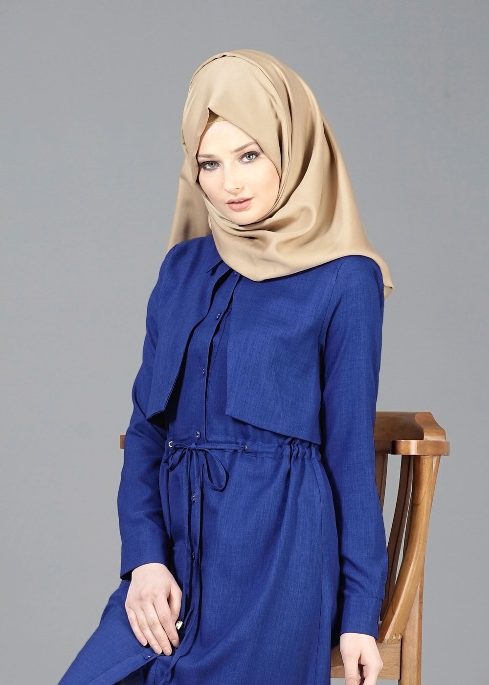 Vêtements hijab BLEU MARINE T 4543 Mataş Pelerinli Bağcıklı Tunik