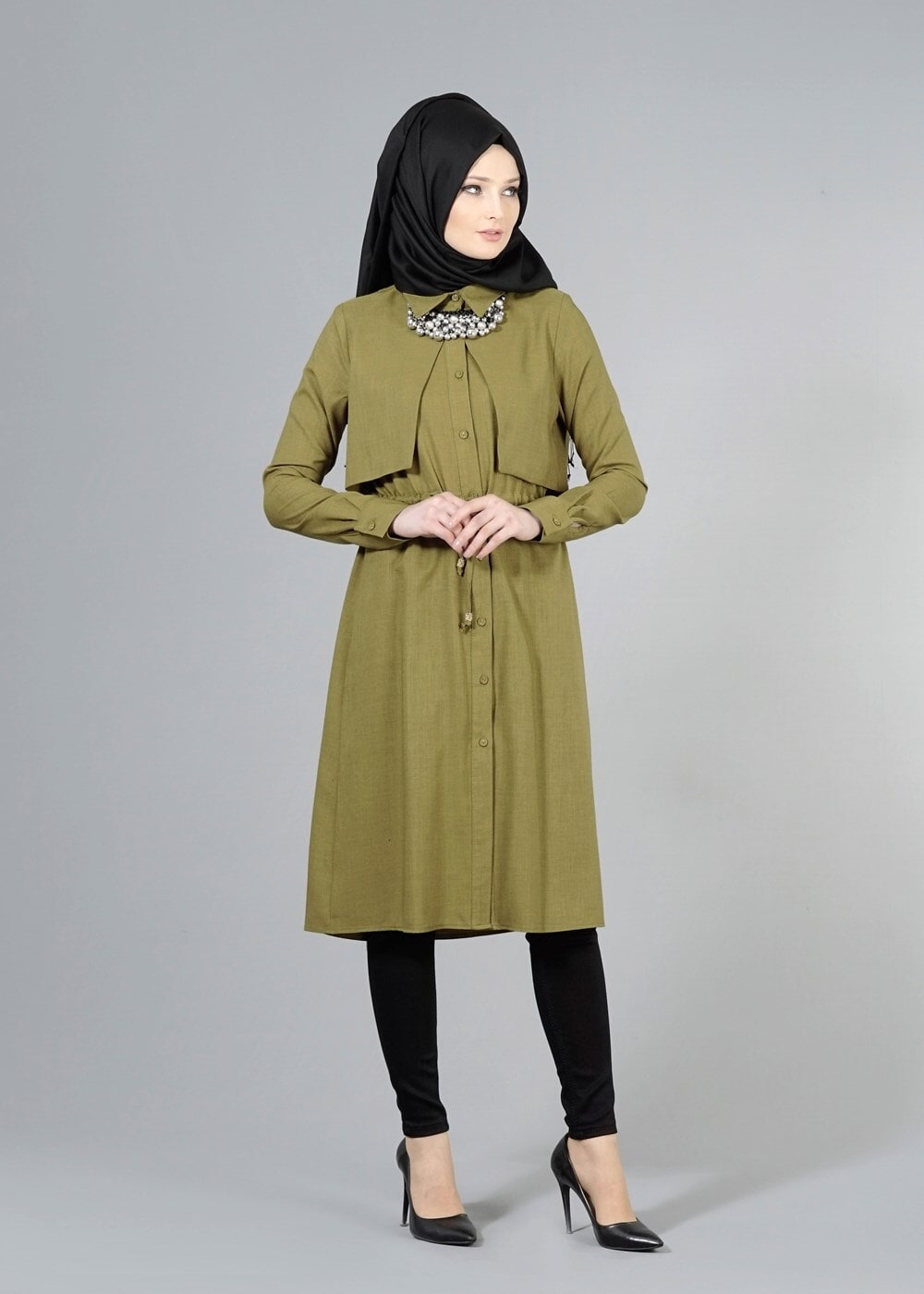 Vêtements hijab VERT T 4543 Mataş Pelerinli Bağcıklı Tunik