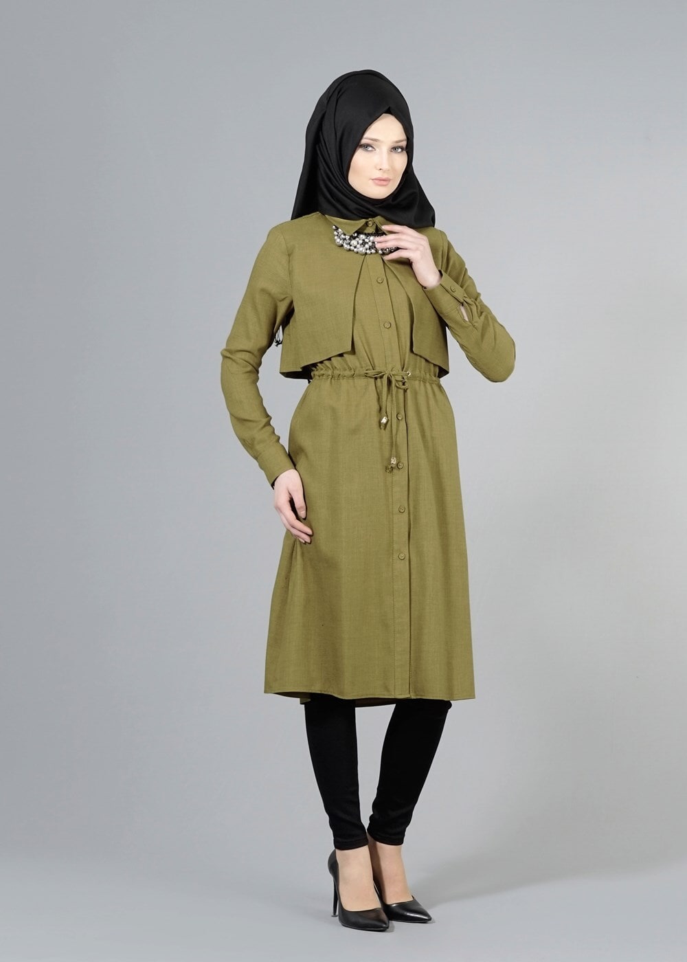 Vêtements hijab VERT T 4543 Mataş Pelerinli Bağcıklı Tunik