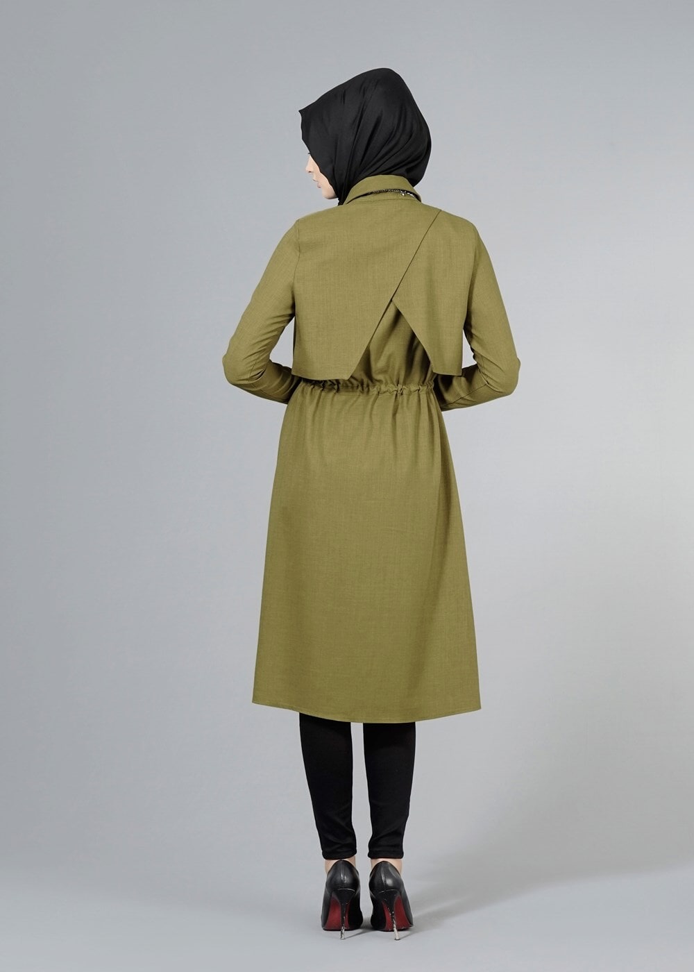 Vêtements hijab VERT T 4543 Mataş Pelerinli Bağcıklı Tunik