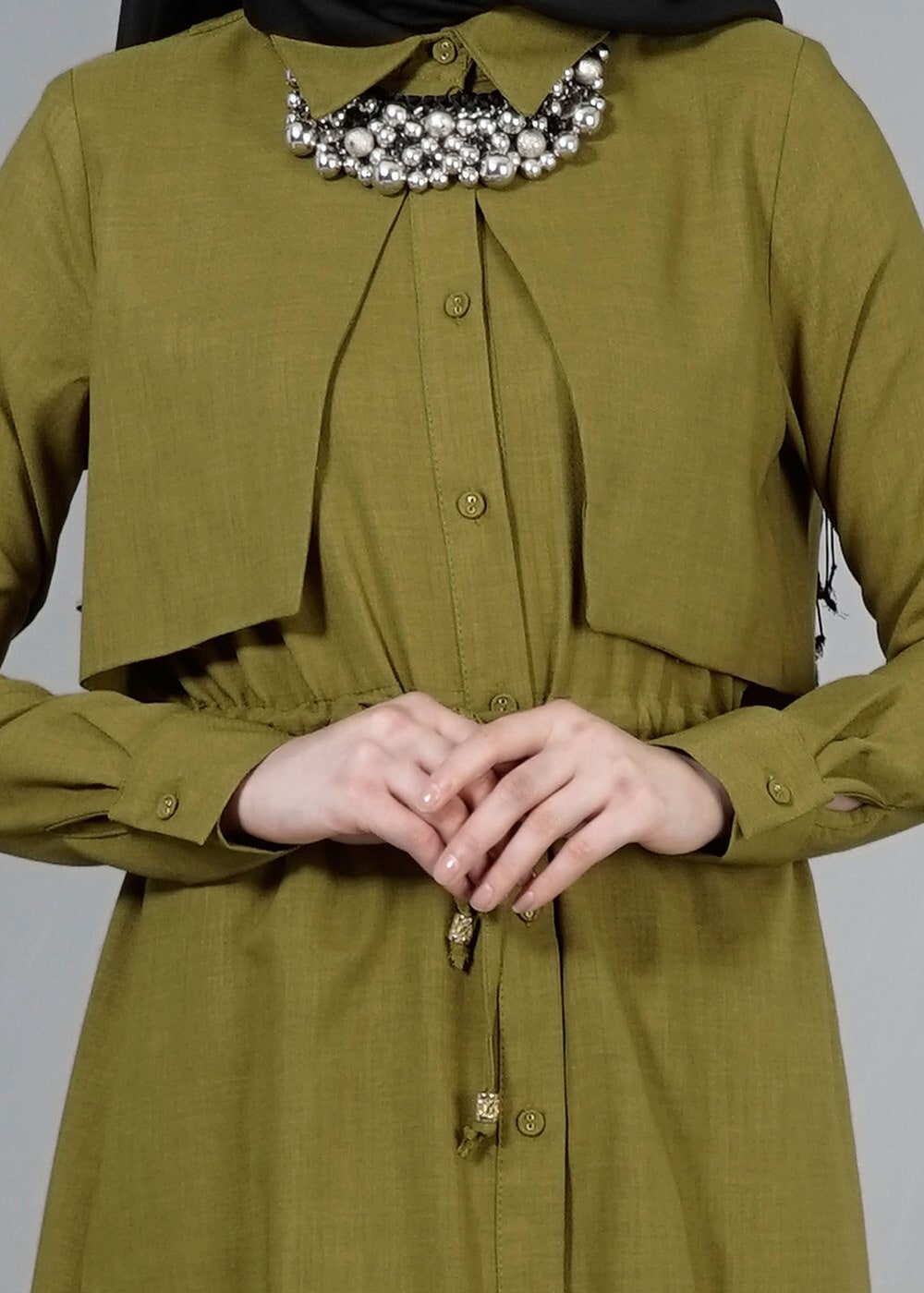 Vêtements hijab VERT T 4543 Mataş Pelerinli Bağcıklı Tunik