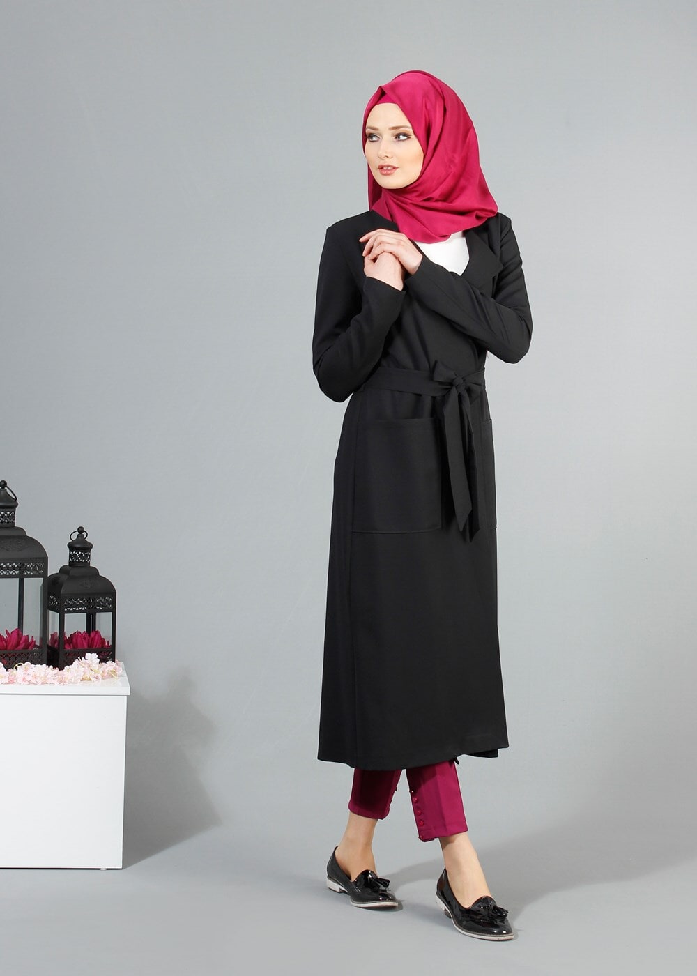 Vêtements hijab NOIR T 4570 Mataş Torba Cepli Kuşaklı Trench