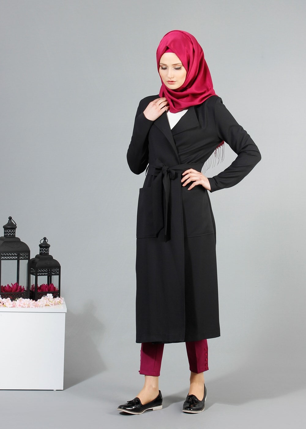 Vêtements hijab NOIR T 4570 Mataş Torba Cepli Kuşaklı Trench