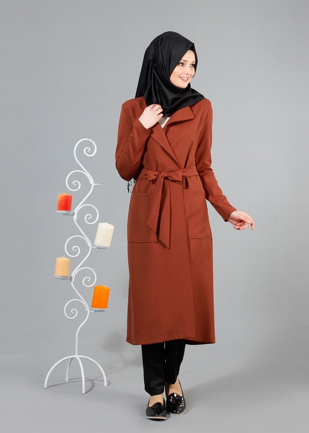 Vêtements hijab BRUN T 4570 Mataş Torba Cepli Kuşaklı Trench
