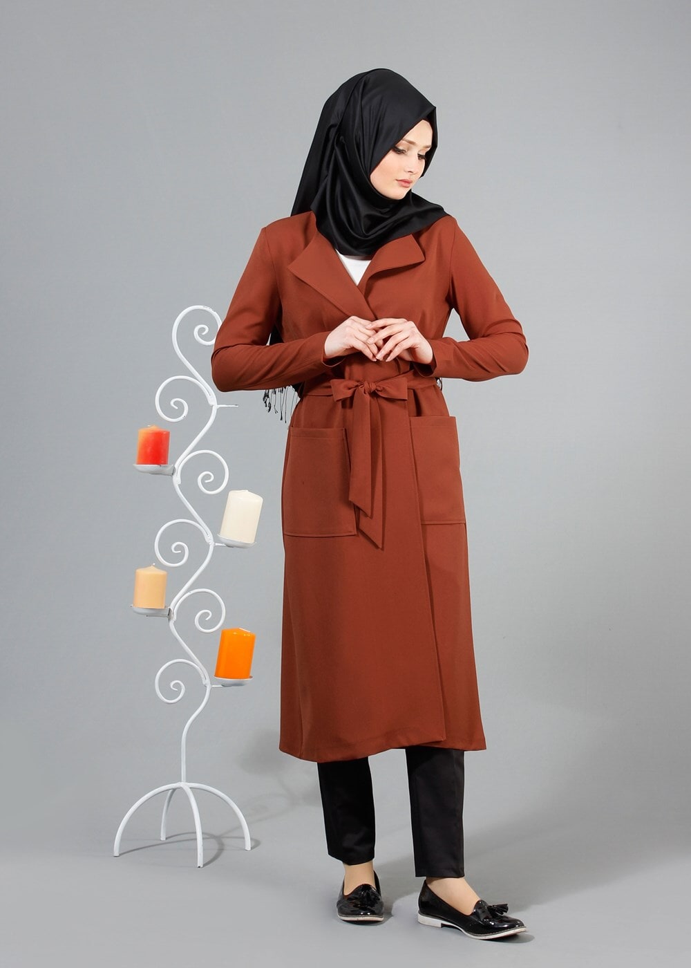 Vêtements hijab BRUN T 4570 Mataş Torba Cepli Kuşaklı Trench