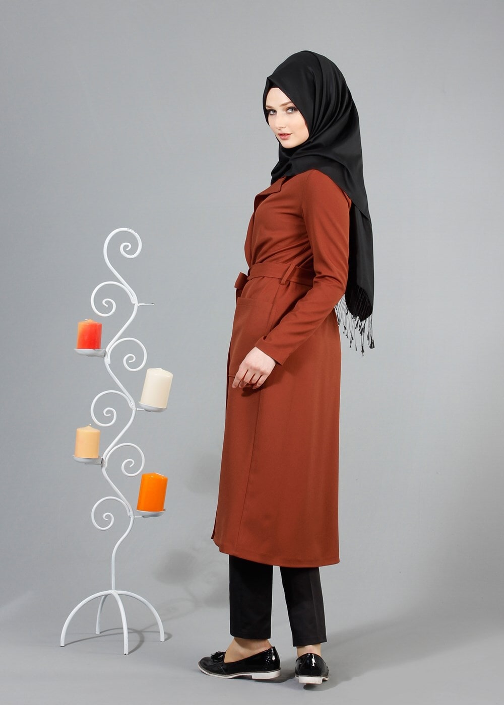 Vêtements hijab BRUN T 4570 Mataş Torba Cepli Kuşaklı Trench