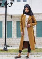 Vêtements hijab JAUNE T 4570 Mataş Torba Cepli Kuşaklı Trench
