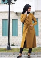 Tesettür giyim SARI T 4570 Mataş Torba Cepli Kuşaklı Trench