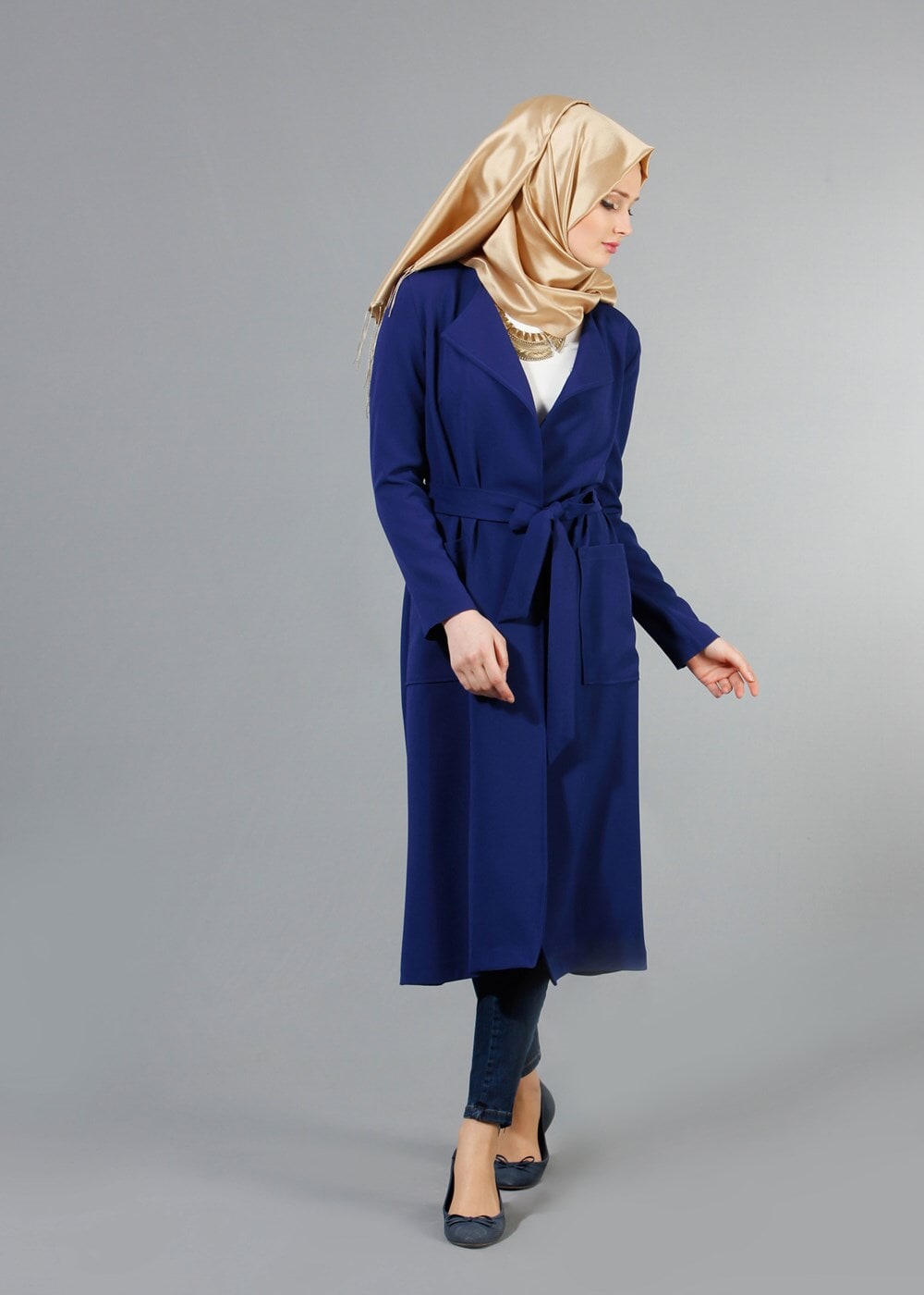Vêtements hijab BLEU MARINE T 4570 Mataş Torba Cepli Kuşaklı Trench