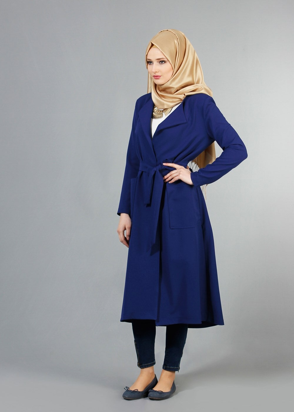Vêtements hijab BLEU MARINE T 4570 Mataş Torba Cepli Kuşaklı Trench