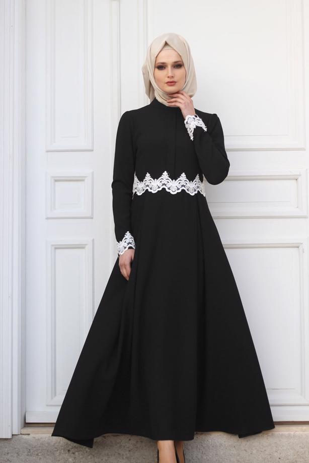 Vêtements hijab  T 4578 Mataş Dantelli Yuvarlak Yaka Abiye Elbise - TRENDTESETTÜR