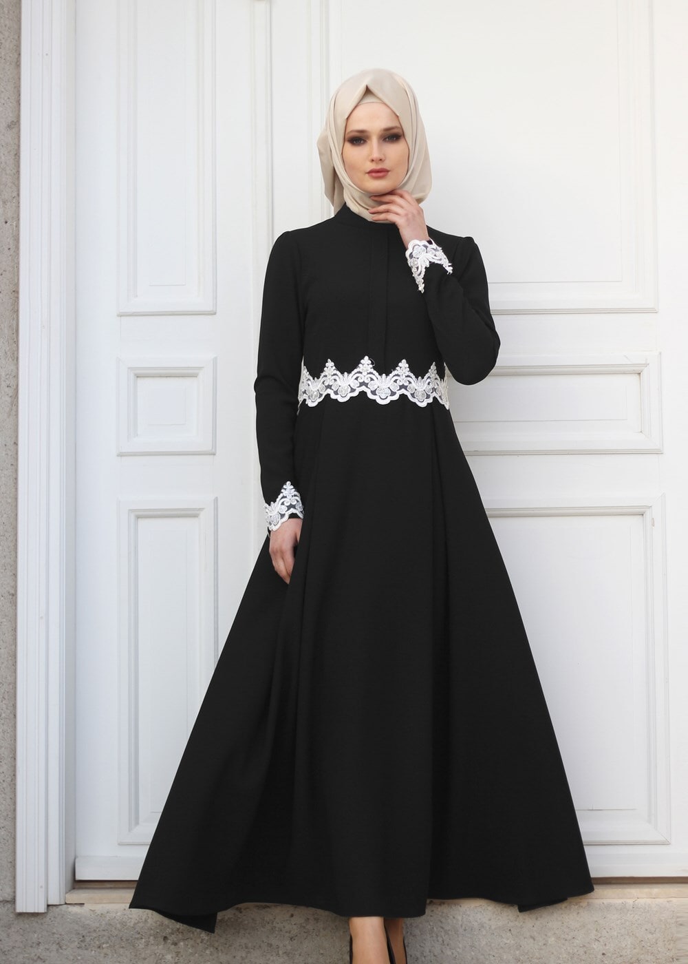 Vêtements hijab NOIR T 4578 Mataş Dantelli Yuvarlak Yaka Abiye Elbise