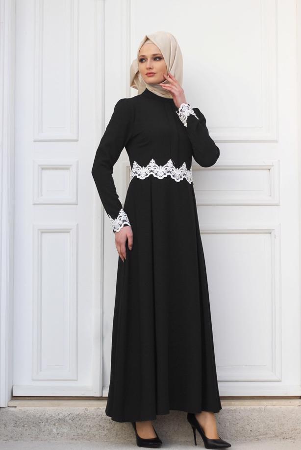 Vêtements hijab  T 4578 Mataş Dantelli Yuvarlak Yaka Abiye Elbise - TRENDTESETTÜR