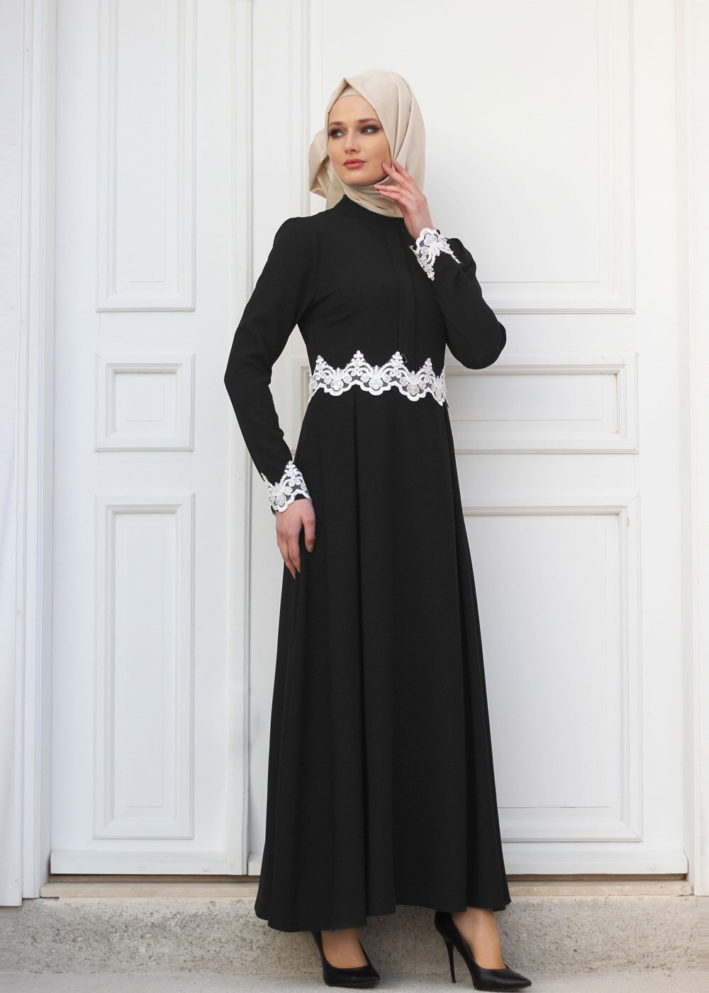 Hijab clothing BLACK T 4578 Mataş Dantelli Yuvarlak Yaka Abiye Elbise