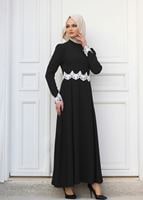 Vêtements hijab NOIR T 4578 Mataş Dantelli Yuvarlak Yaka Abiye Elbise