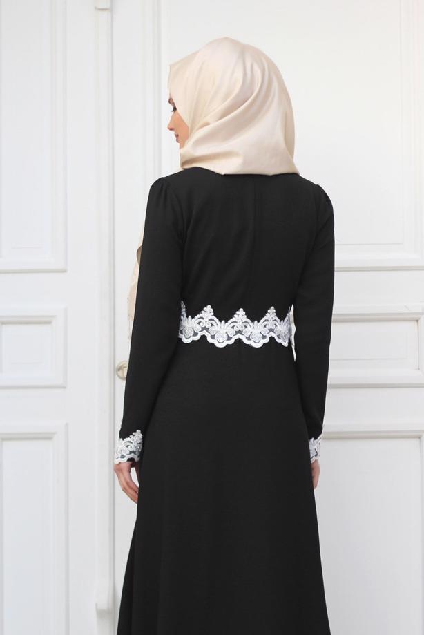 Vêtements hijab  T 4578 Mataş Dantelli Yuvarlak Yaka Abiye Elbise - TRENDTESETTÜR