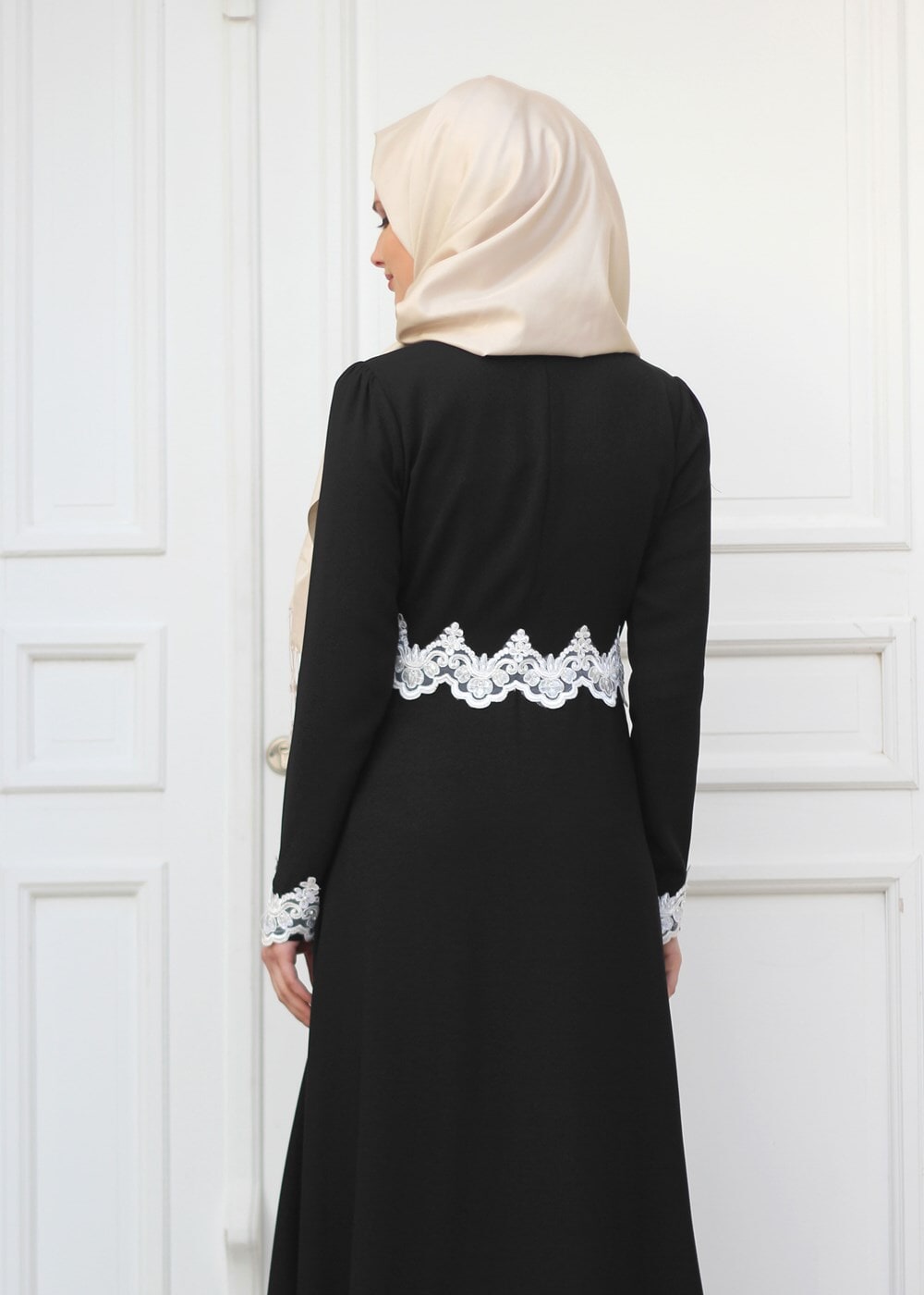 Vêtements hijab NOIR T 4578 Mataş Dantelli Yuvarlak Yaka Abiye Elbise
