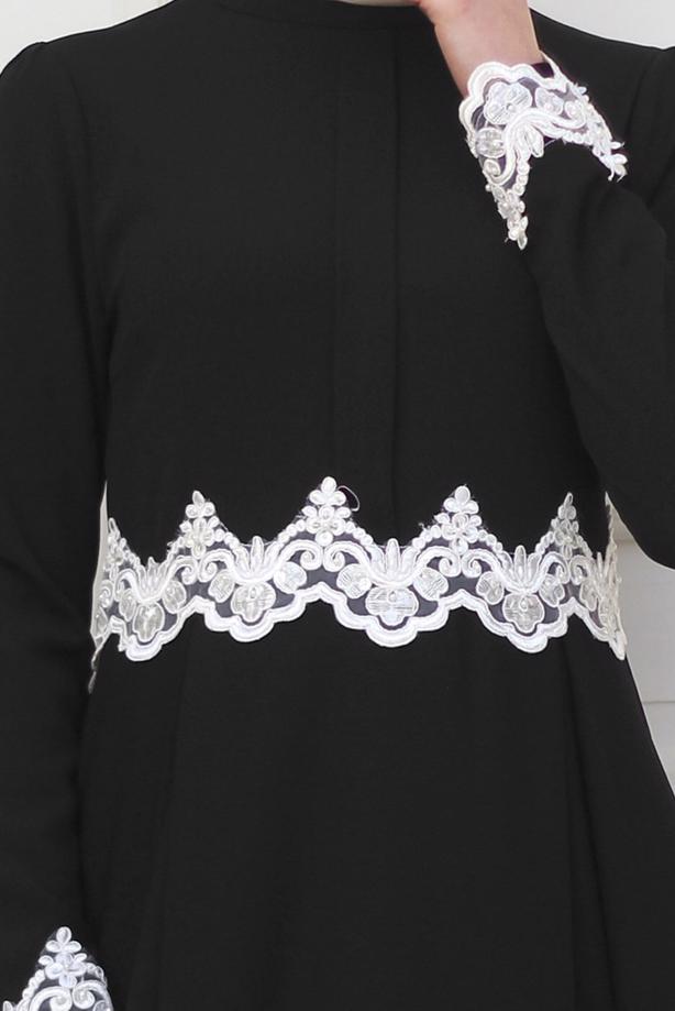 Vêtements hijab  T 4578 Mataş Dantelli Yuvarlak Yaka Abiye Elbise - TRENDTESETTÜR
