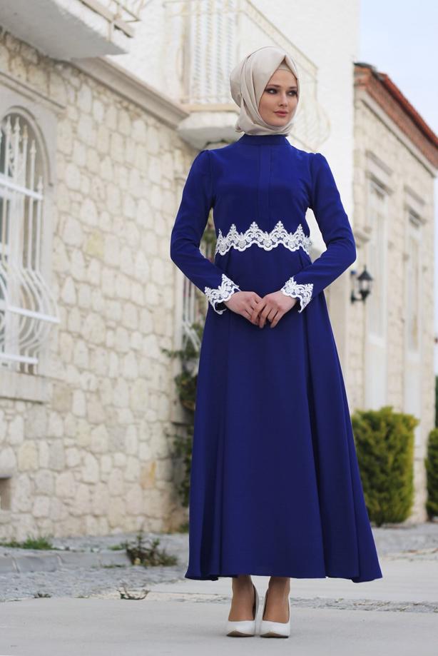 Vêtements hijab  T 4578 Mataş Dantelli Yuvarlak Yaka Abiye Elbise - TRENDTESETTÜR