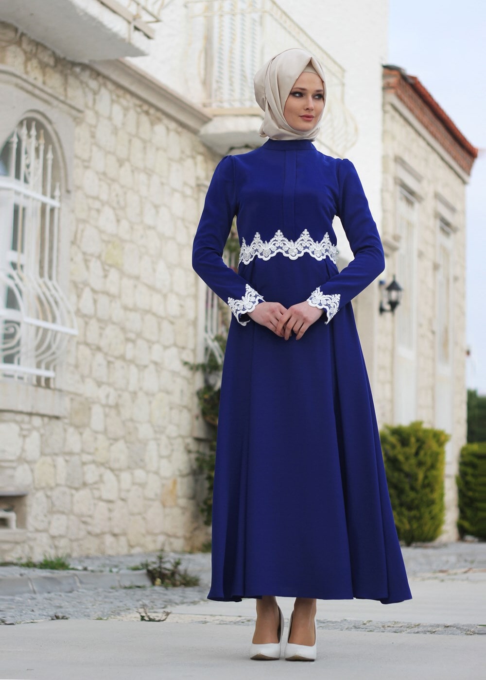Vêtements hijab BLEU MARINE T 4578 Mataş Dantelli Yuvarlak Yaka Abiye Elbise