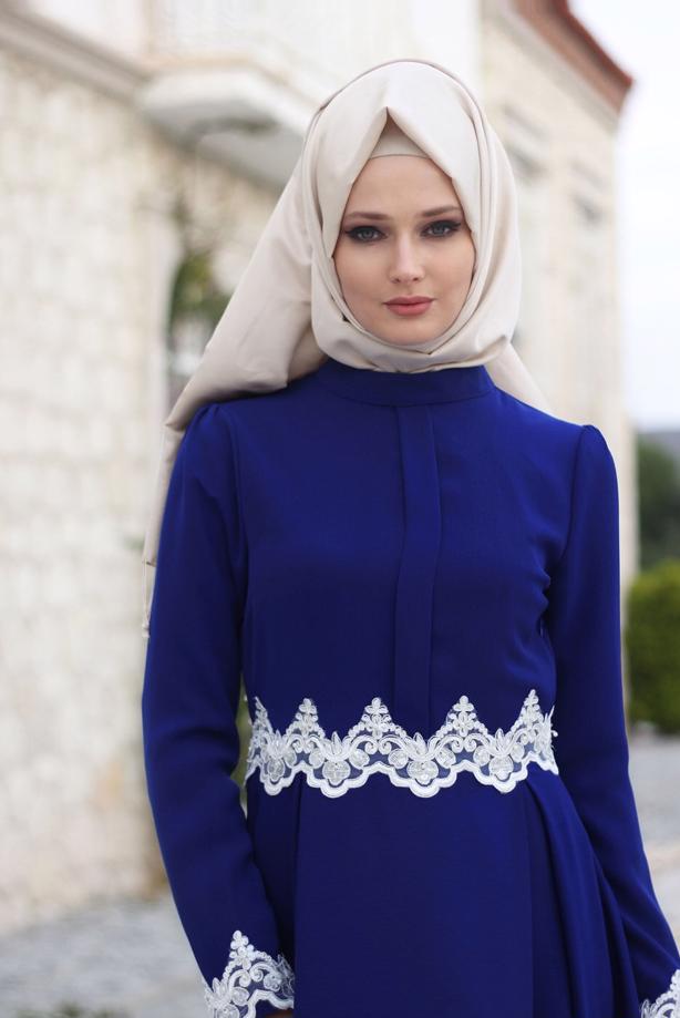 Vêtements hijab  T 4578 Mataş Dantelli Yuvarlak Yaka Abiye Elbise - TRENDTESETTÜR