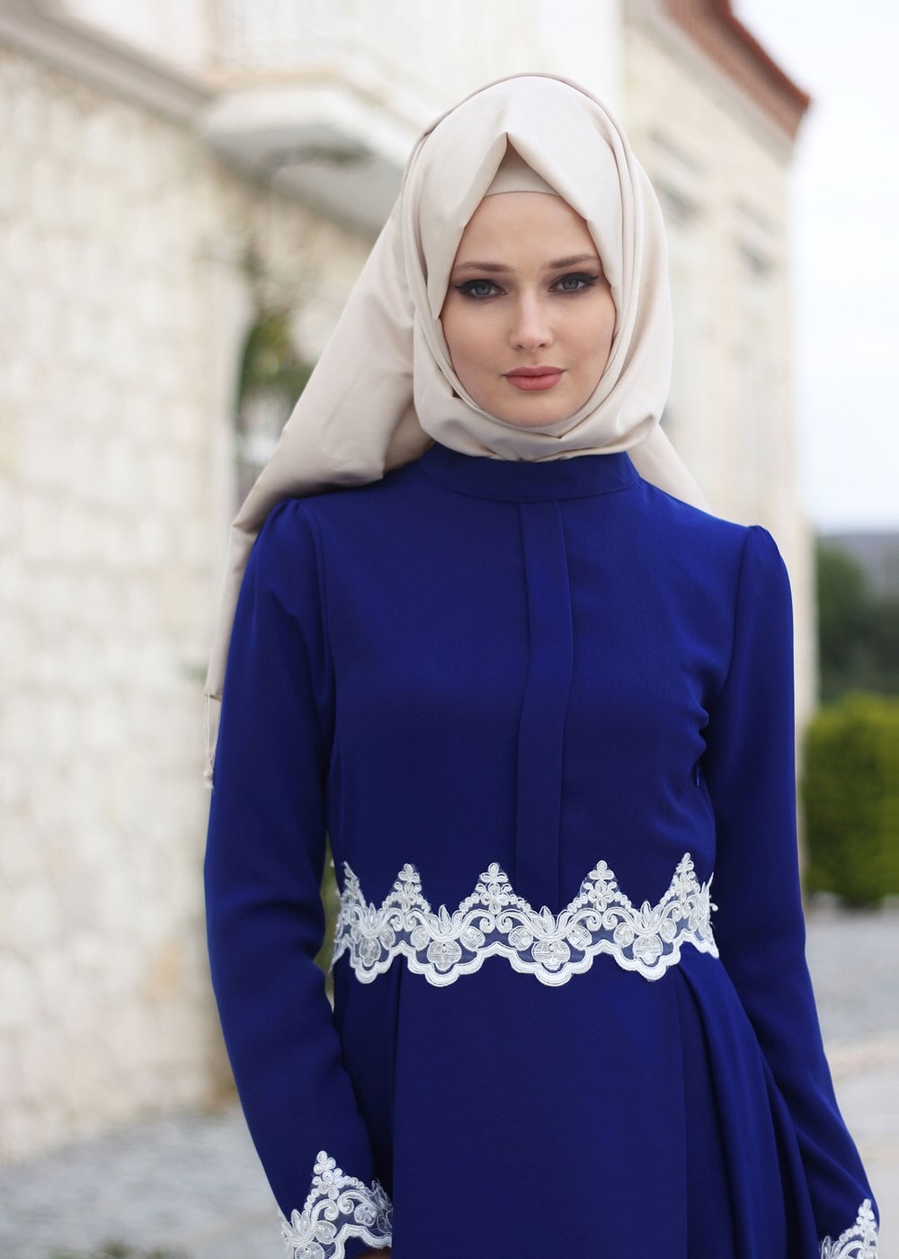 Vêtements hijab BLEU MARINE T 4578 Mataş Dantelli Yuvarlak Yaka Abiye Elbise