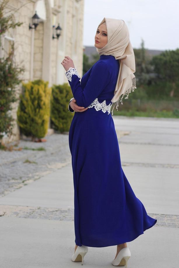Vêtements hijab  T 4578 Mataş Dantelli Yuvarlak Yaka Abiye Elbise - TRENDTESETTÜR
