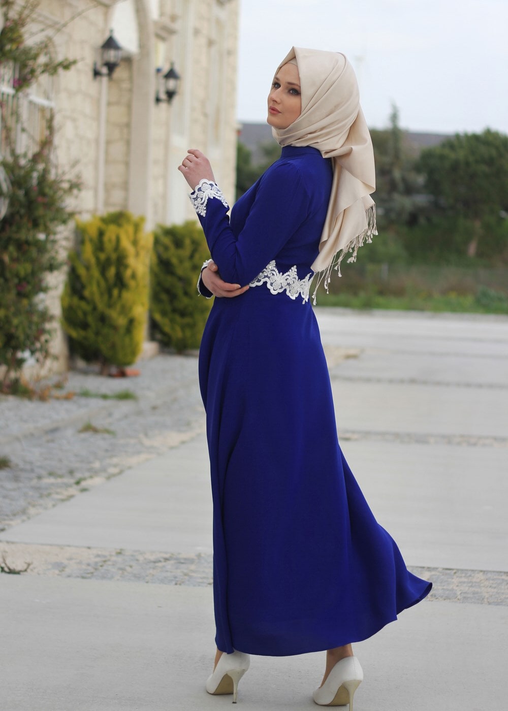 Vêtements hijab BLEU MARINE T 4578 Mataş Dantelli Yuvarlak Yaka Abiye Elbise